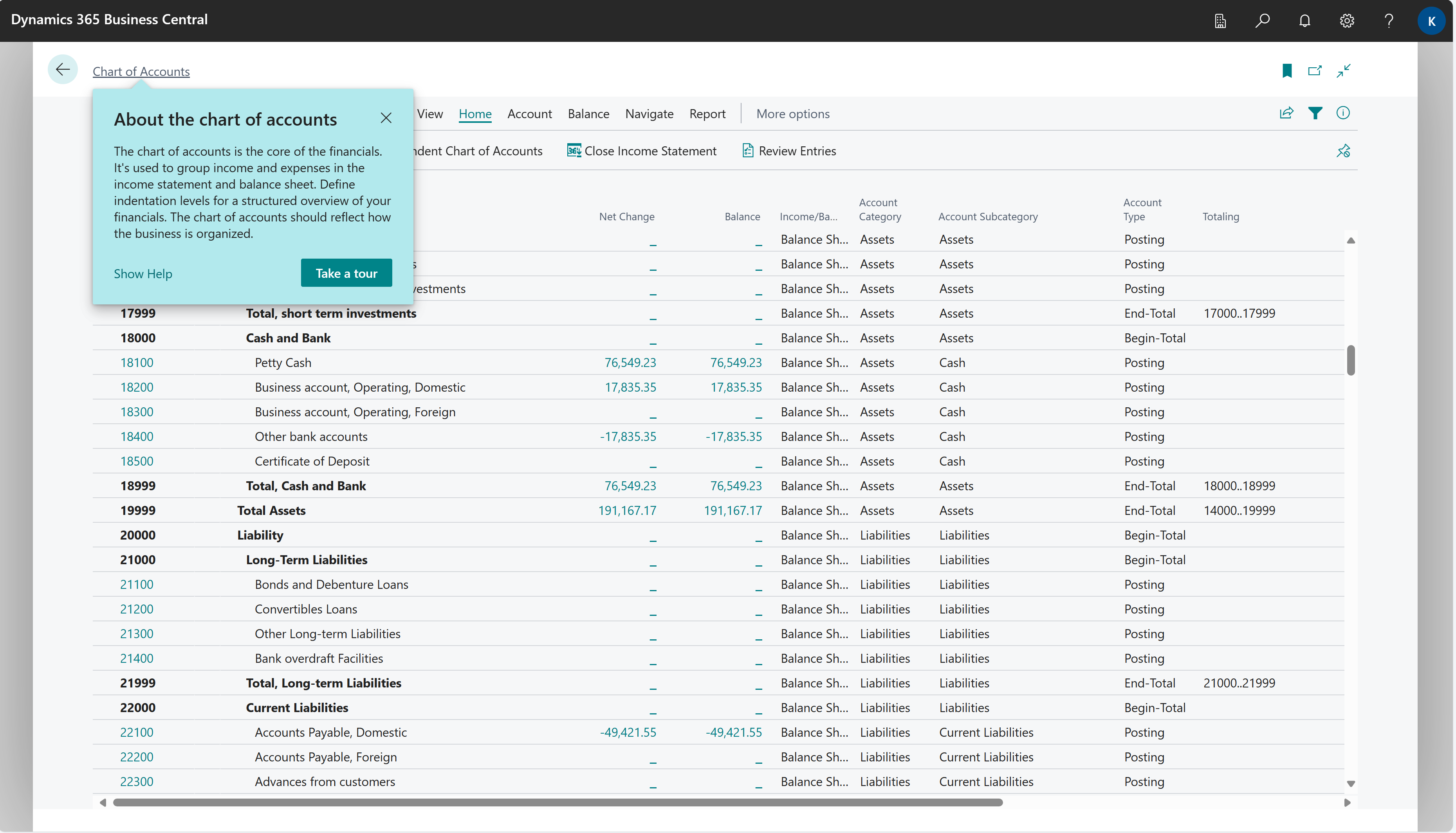 Example of how the Chart of Accounts page shows finance insights