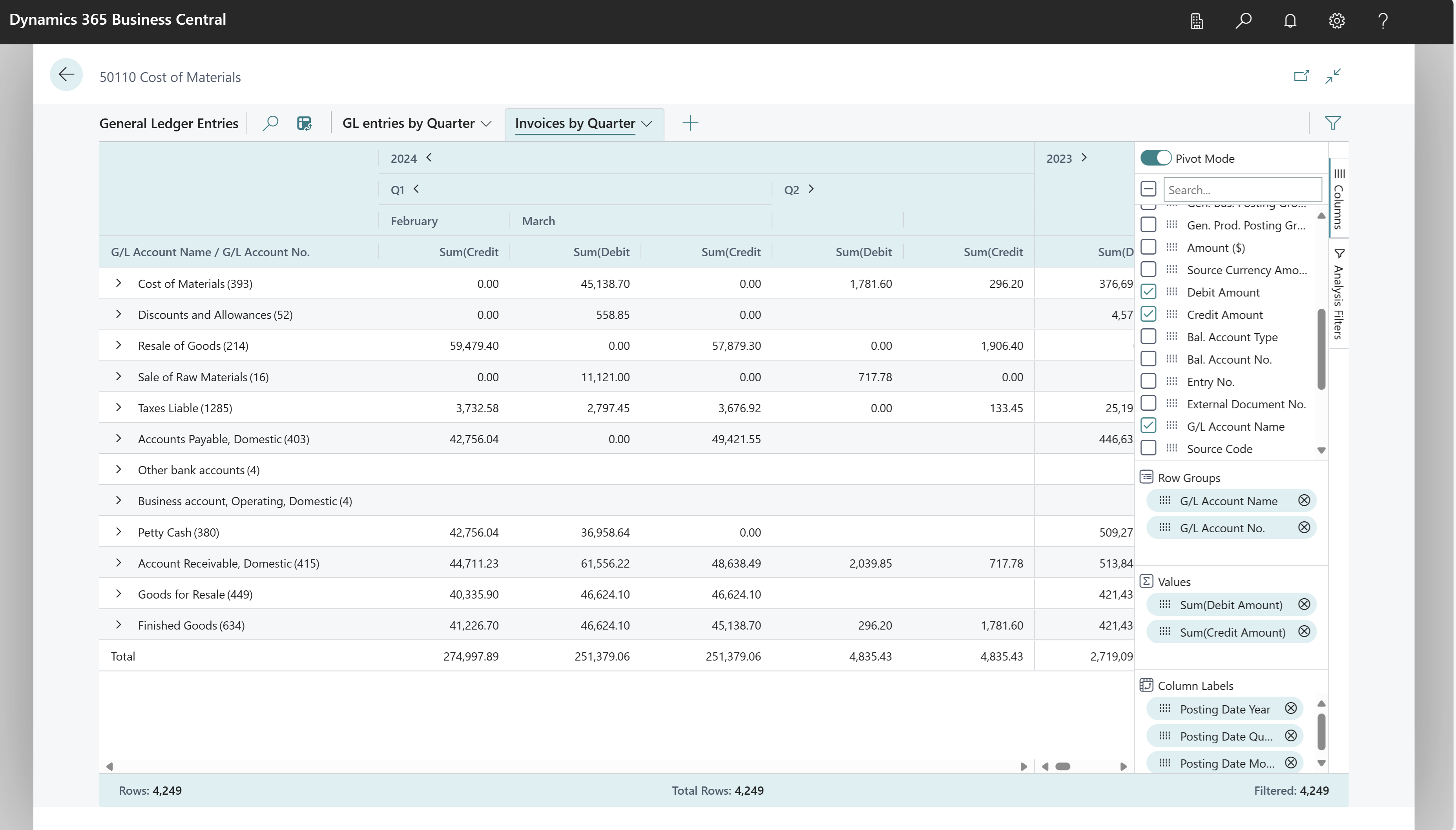 Example of how to do data analysis on the G/L Ledger Entries page (to understand sales postings).