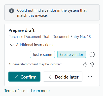 Agent is instructed to create the vendor