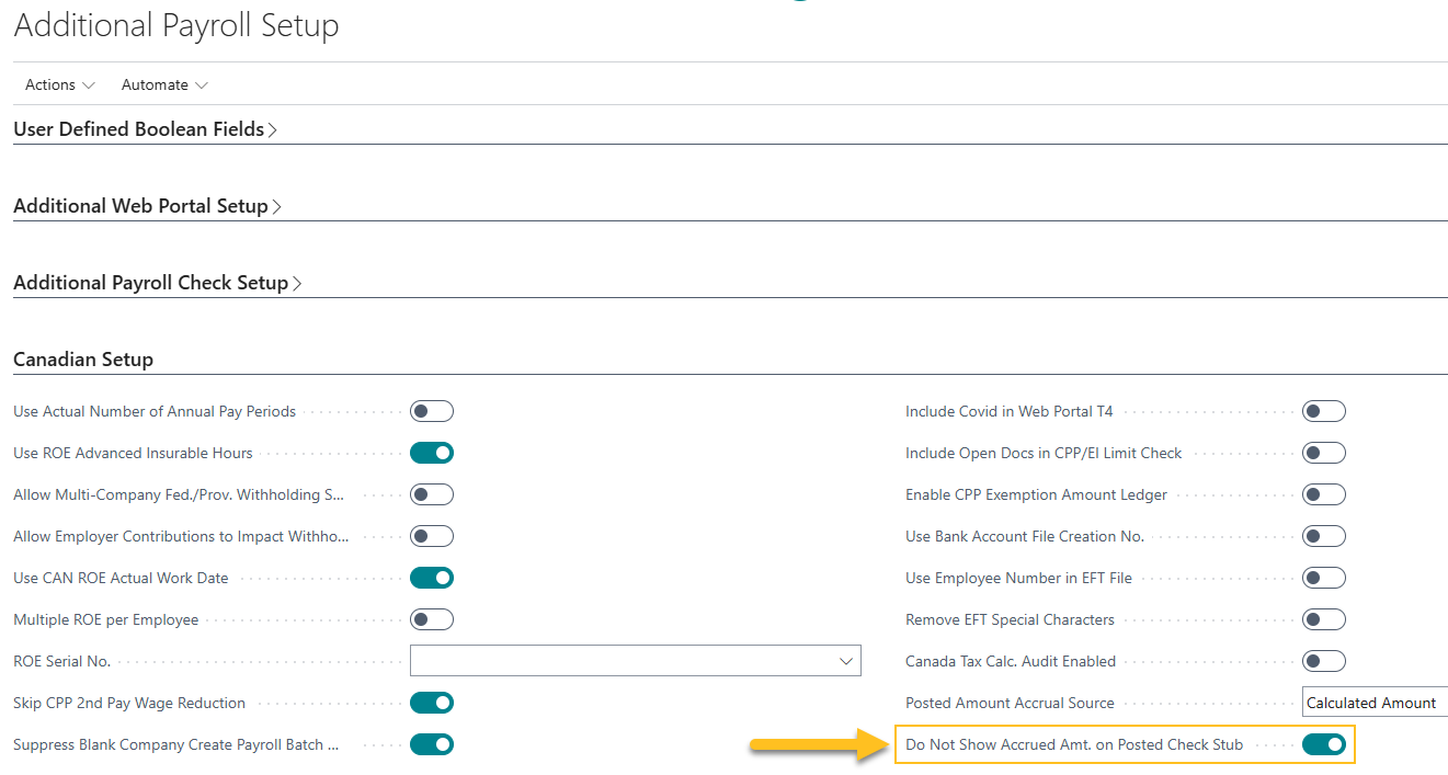 Additional Payroll Setup page Do Not Show Accrued Amt. on Posted Check Stub field