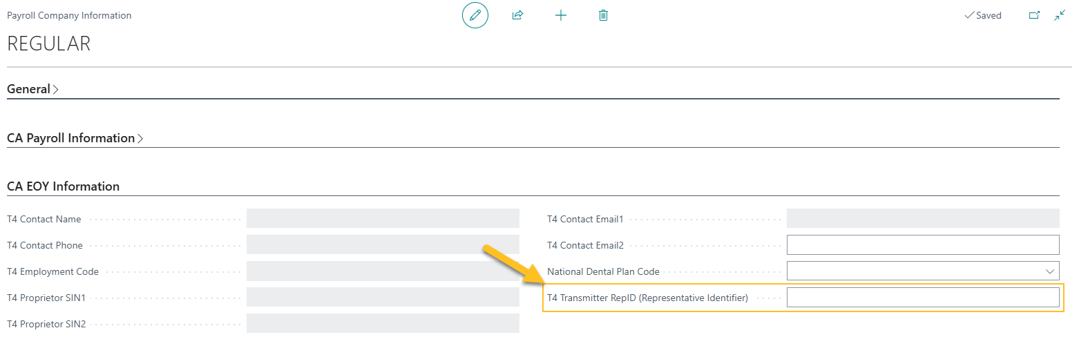 Payroll Company Information page T4 Transmitter RepID (Representative Identifier) field