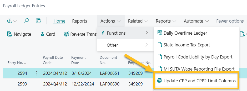 Payroll Ledger Entries page Update CPP and CPP2 Limit Columns action