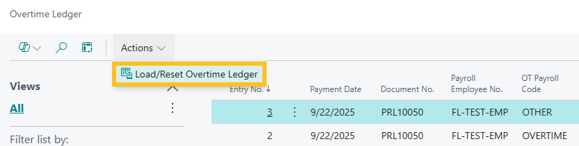 Overtime Ledger page Load/Reset Overtime Ledger action