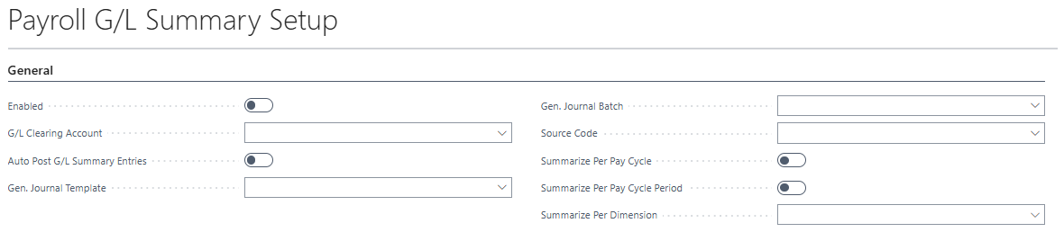Payroll G/L Summary Setup page