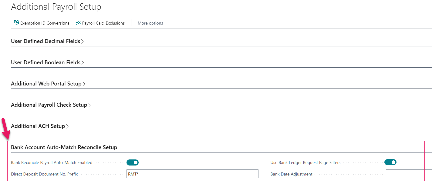 Additional Payroll Setup page