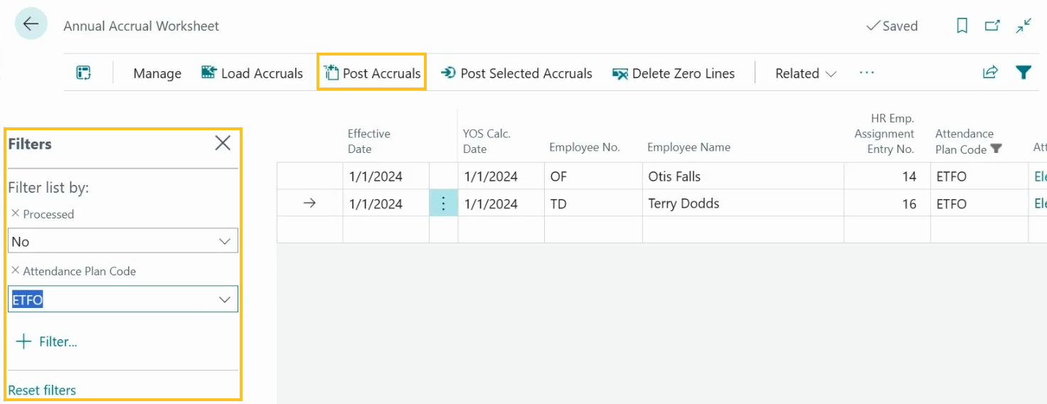 Annual Accrual Worksheet page Post Accruals action for filtered lines