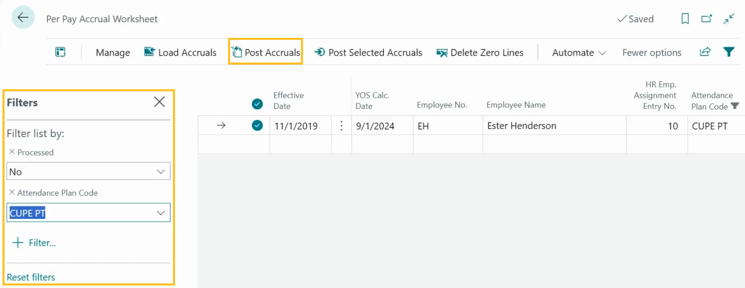 Per Pay Accrual Worksheet page Post Accruals action for filtered lines