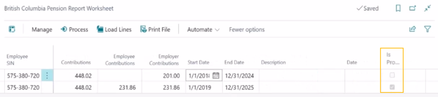 British Columbia Pension Report Worksheet page Is Processed field