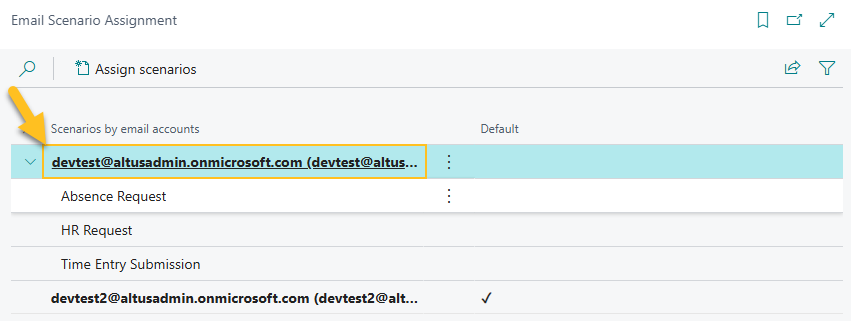 Email Scenario Assignment page email account for time entry submission