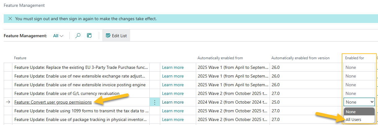 Feature Management page Convert user group permissions
