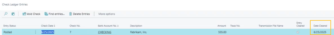 Check Ledger Entries page Date Cleared field