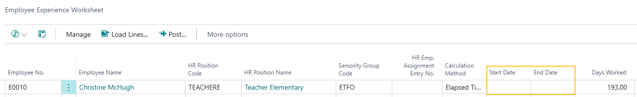 Employee Experience Worksheet page Start Date and End Date fields