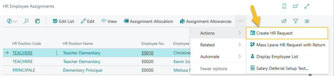 HR Employee Assignments page Create HR Request action