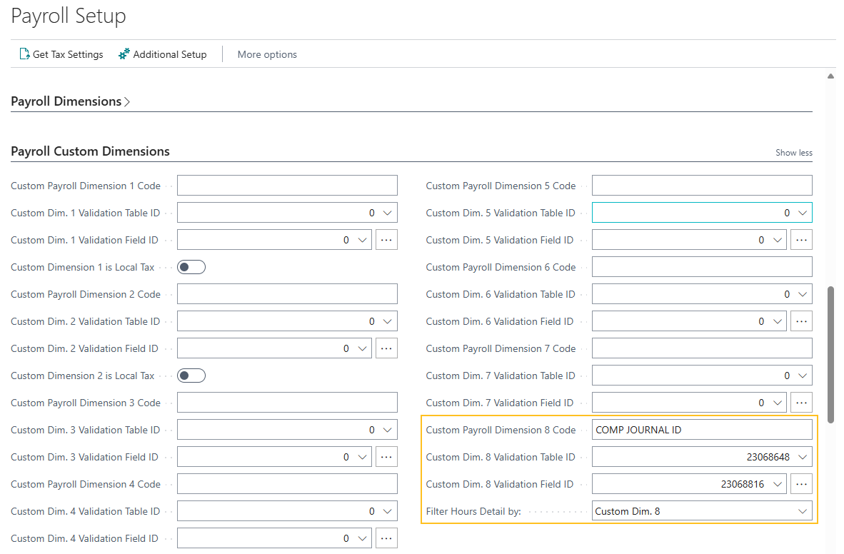 Payroll Setup page Custom Dim 8 fields