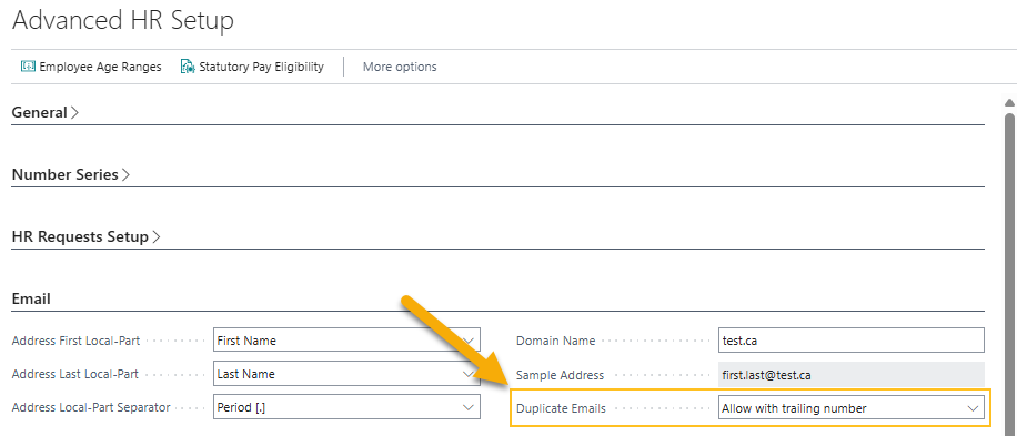 Advanced HR Setup page Duplicate Emails fields