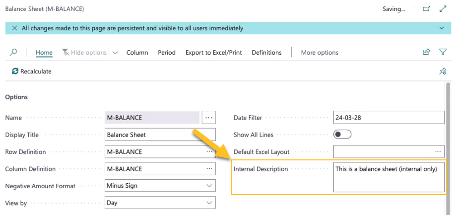 Balance Sheet report definition page Internal Description field