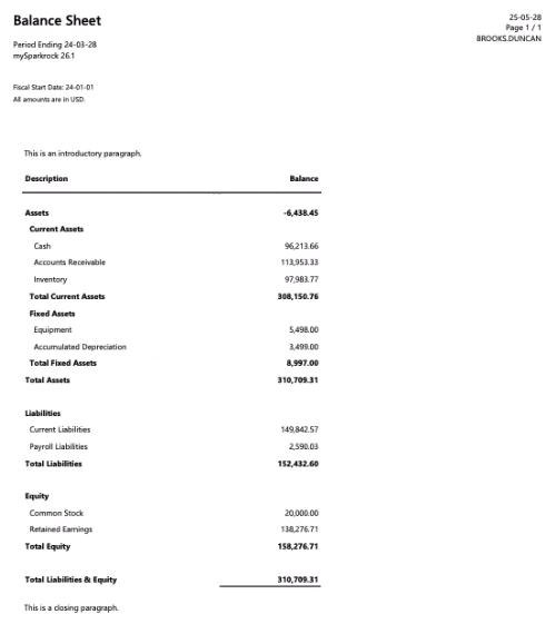Balance Sheet report Portrait landscape example