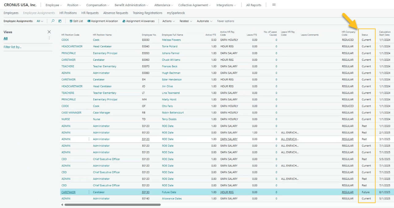 Employee Assignments page Status field