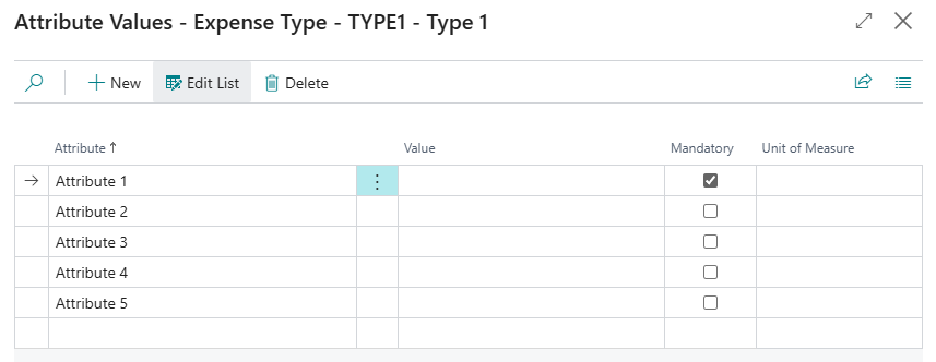 Attribute Values - Expense Type page