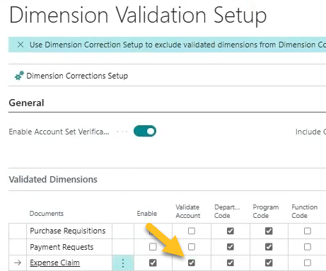 Dimension Validation Setup page Validate Account field for expense claim
