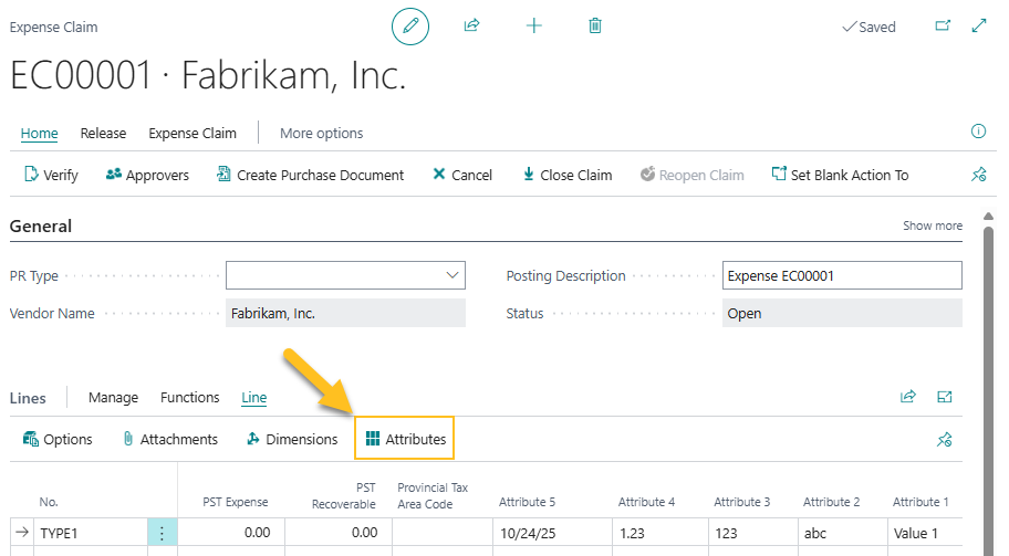 Expense Claim page Attribute action