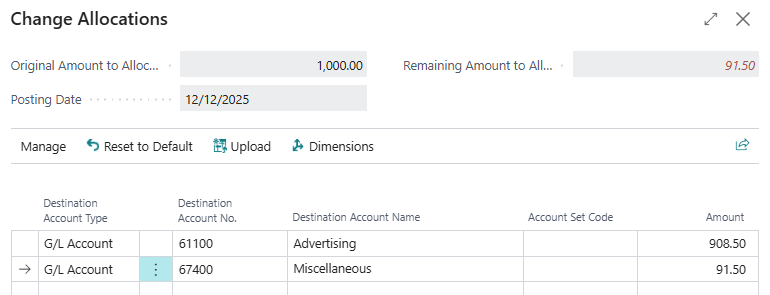 General journal Change Allocations page