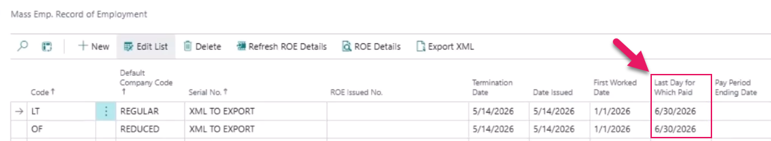 Mass Emp. Record of Employment page Last Day for Which Paid field