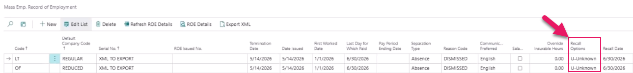 Mass Emp. Record of Employment page Recall Options field