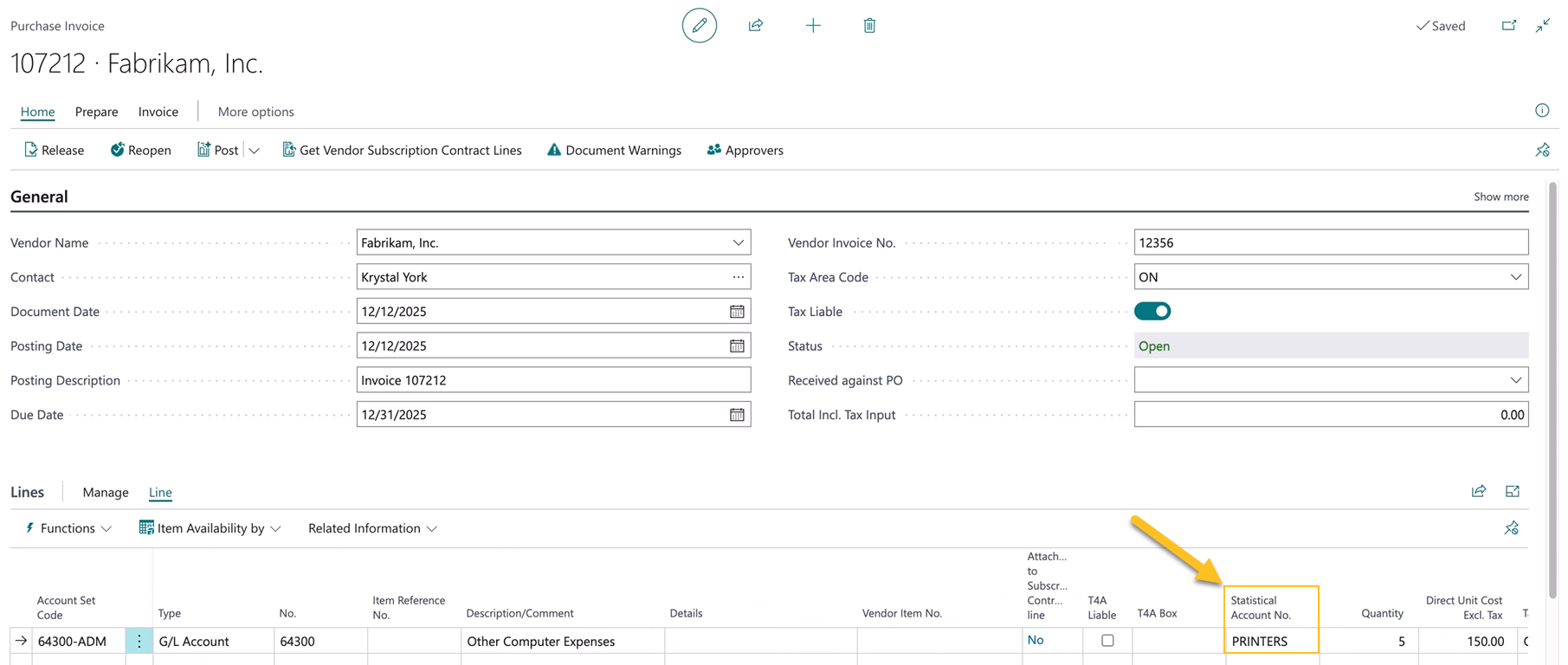 Purchase Invoice page Statistical Account No. field