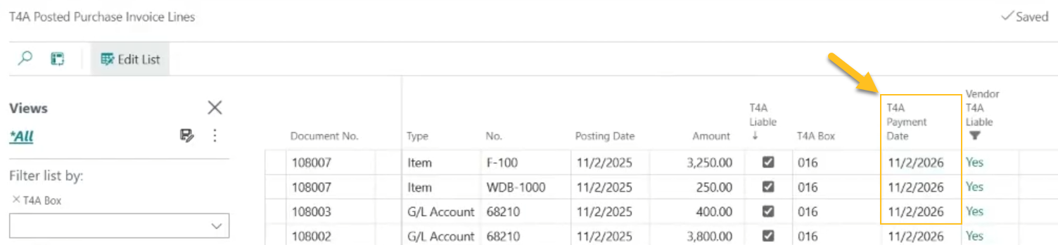 T4A Posted Purchase Invoice Lines page T4A Payment Date field