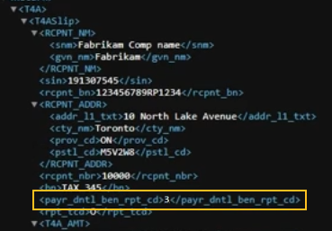 T4A XML file <payr_dntl_ben_rpt_cd> example