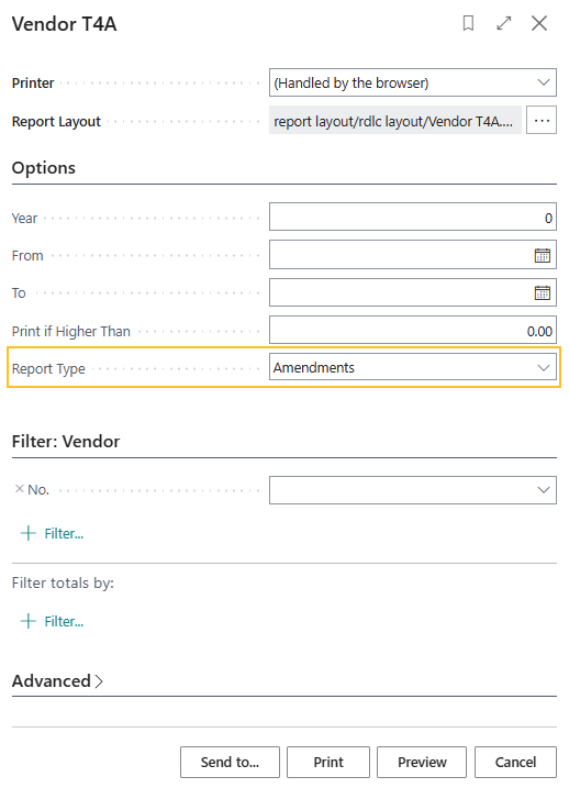 Vendor T4A page Report Type field