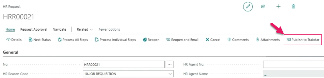 HR Request page Publish to Trakstar action