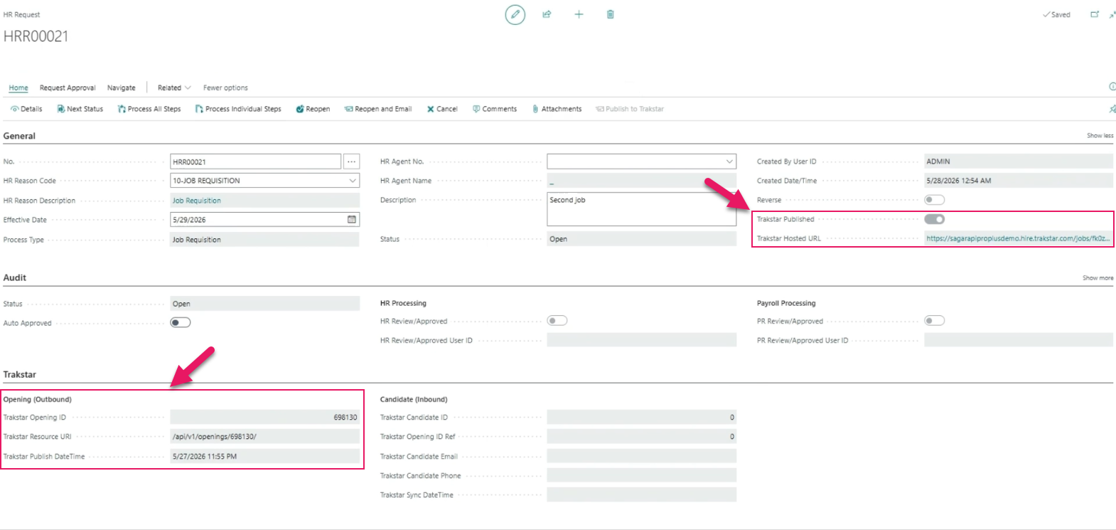 HR Request page published to Trakstar