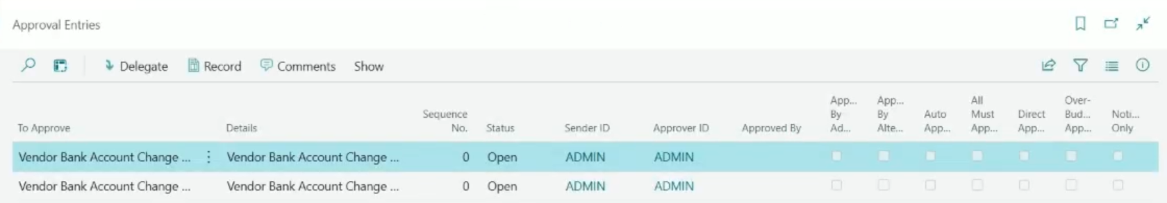 Approval Entries page