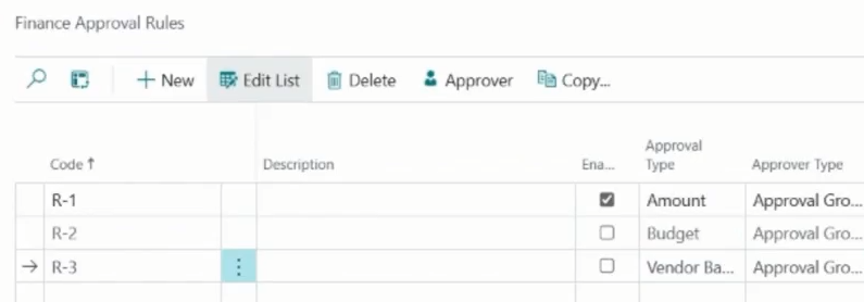 Finance Approval Rules page Approval Type of Vendor Bank Change