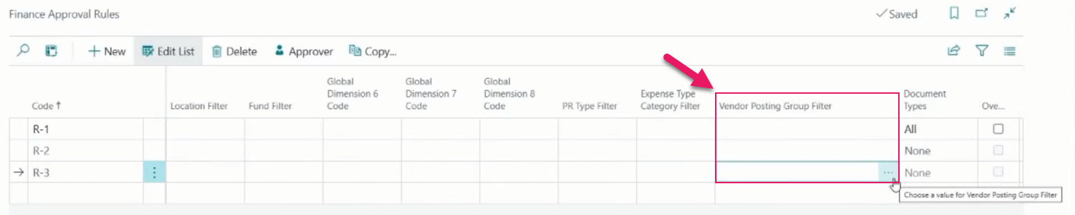 Finance Approval Rules page Vendor Posting Group Filter column
