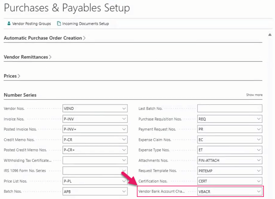 Purchases & Payables Setup page Vendor Bank Account Change Request Nos. field