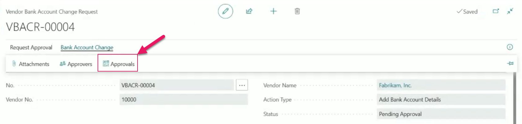 Vendor Bank Account Change Request page Approvals action