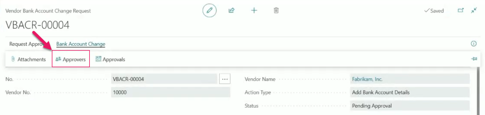 Vendor Bank Account Change Request page Approvers action