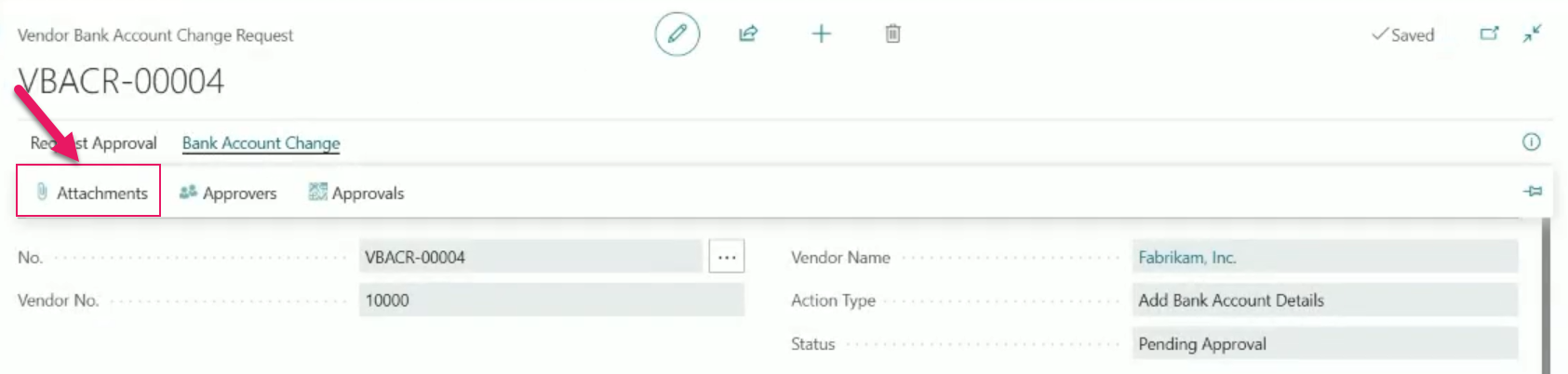 Vendor Bank Account Change Request page Attachments action