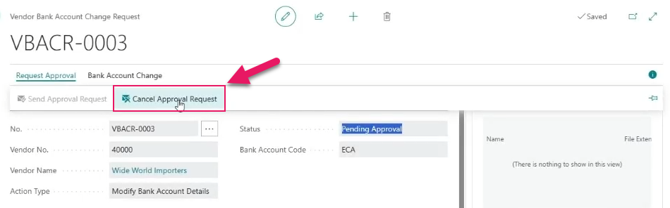 Vendor Bank Account Change Request page Cancel Approval Request action