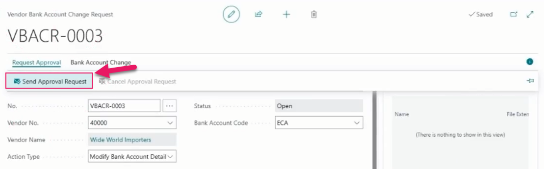 Vendor Bank Account Change Request page Send Approval Request action
