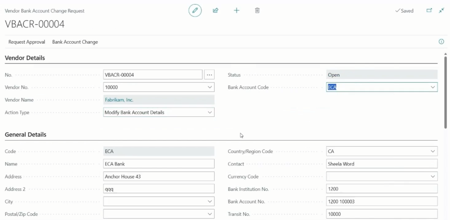 Vendor Bank Account Change Request page