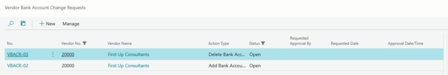 Vendor Bank Account Change Requests page