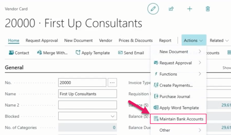 Vendor Card page Maintain Bank Accounts action