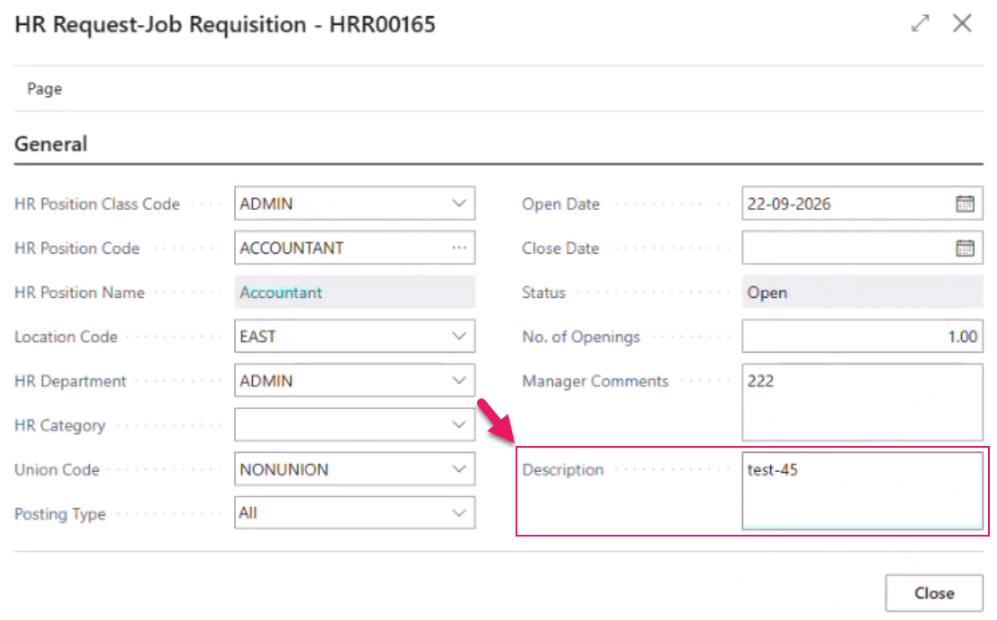 HR Request-Job Requisition page Description field