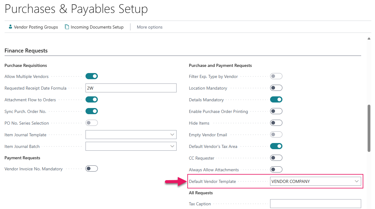 Purchases & Payables Setup page Default Vendor Template field