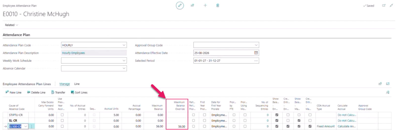 Employee Attendance Plan page Maximum Balance Override column