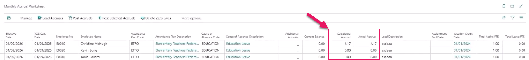 Monthly Accrual Worksheet page Calculated Accrual and Actual Accrual columns